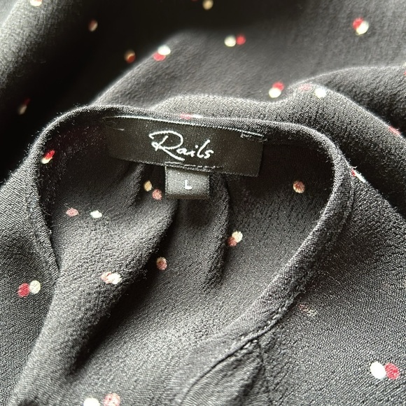 RAILS Top Beaux Black Off Set Dot Button Front Blouse Long Sleeve Ruffle Sz L - Picture 10 of 14